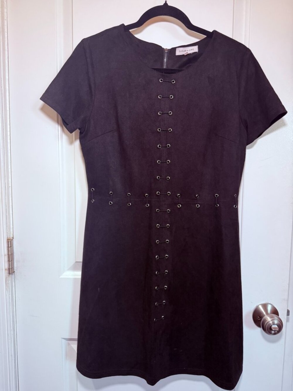 Sugar + Lips Black Faux Suede Grommet Hook & Eye 90s Mini Dress Size L